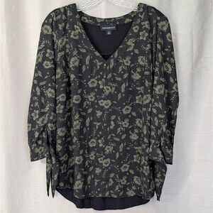 Fortune + Ivy Sz MEDIUM Black & Olive Green Floral Top 3/4 Sleeve Bohemian Tunic